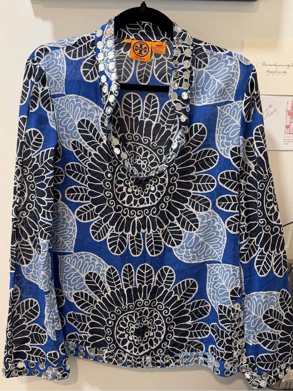 Tory Burch Blue and Black Floral Mirror-Trim Tunic